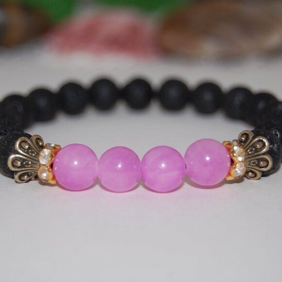 Lava Bracelet,Lava and Pink Stone Bracelet,Black and Pink Bracelet - Picture 1 of 2